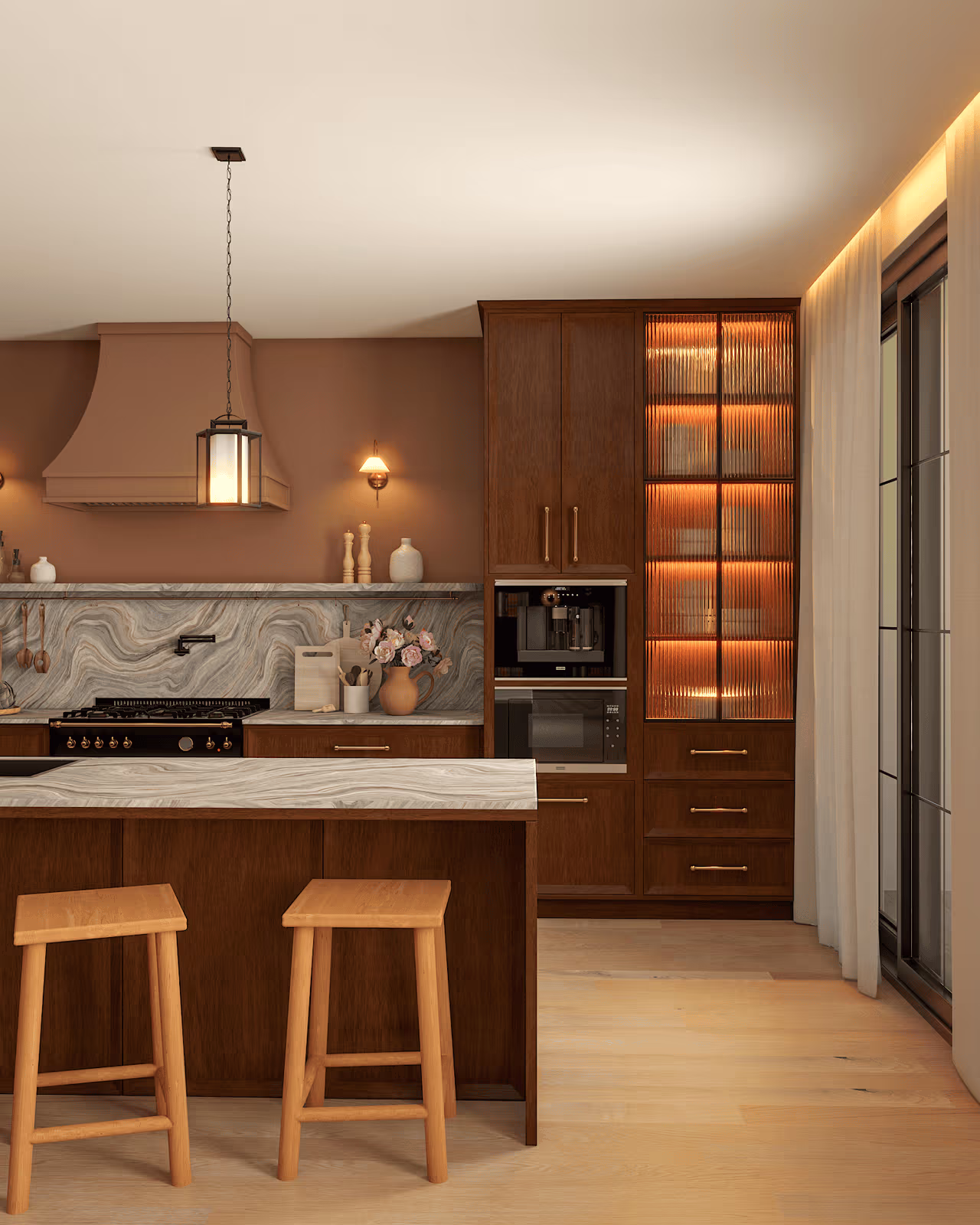 Renderização 3D de sala de estar Casa Alvorada com iluminação natural