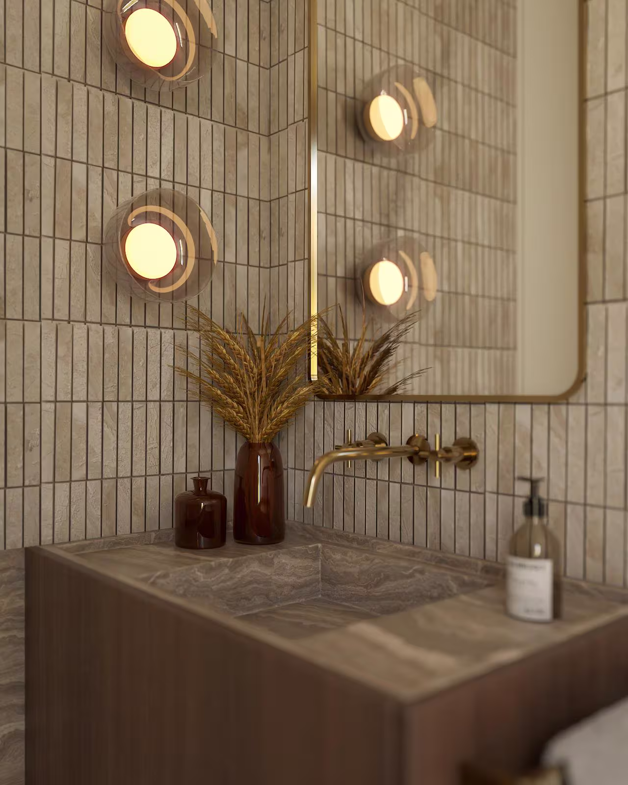 Renderização 3D de uma casa de banho com design moderno