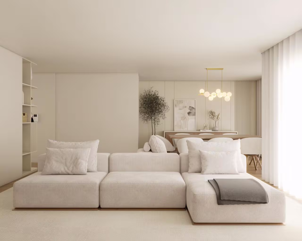 Renderização 3D de sala de estar e jantar em conceito aberto