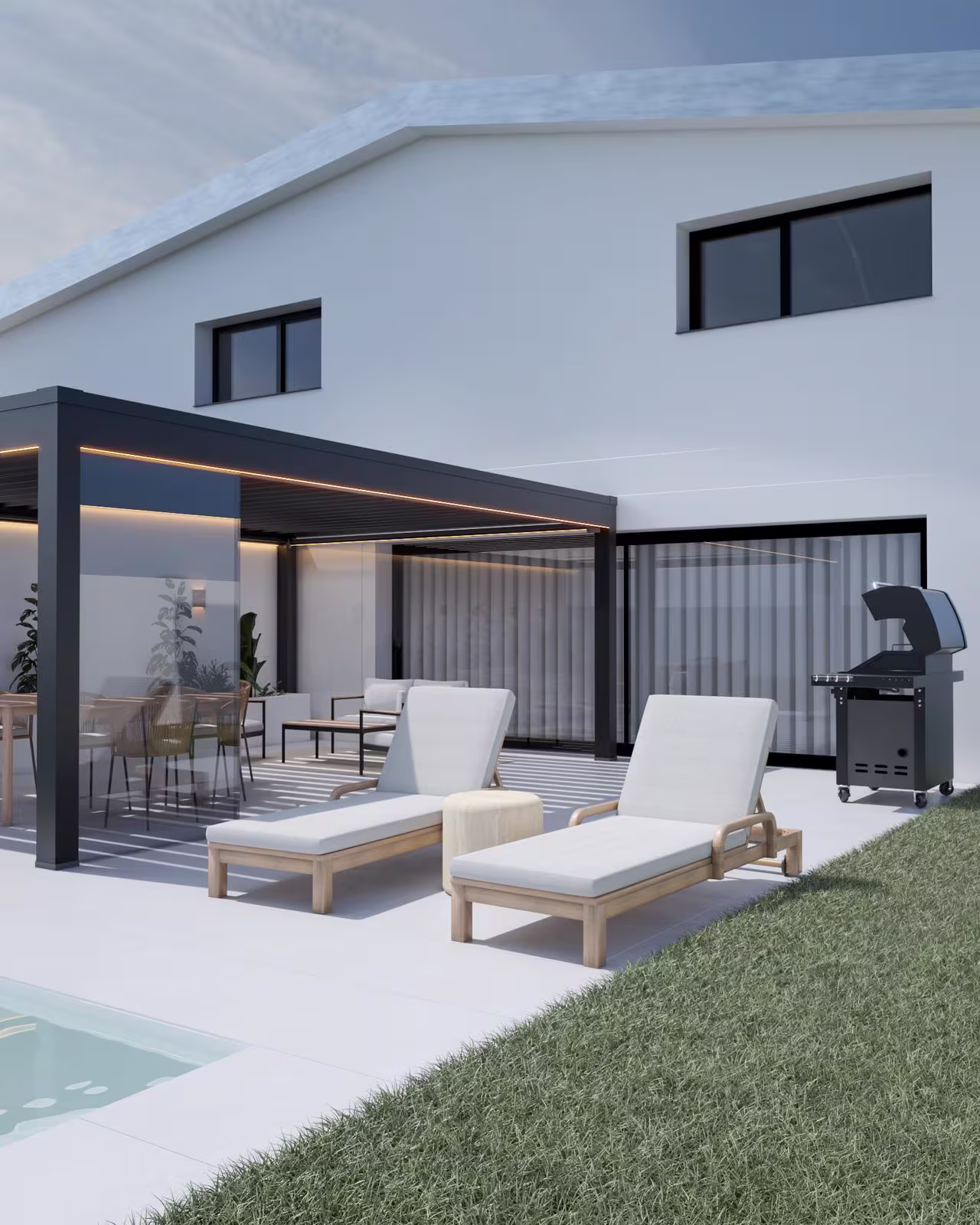 Renderização 3D de área externa com piscina e jardim paisagístico