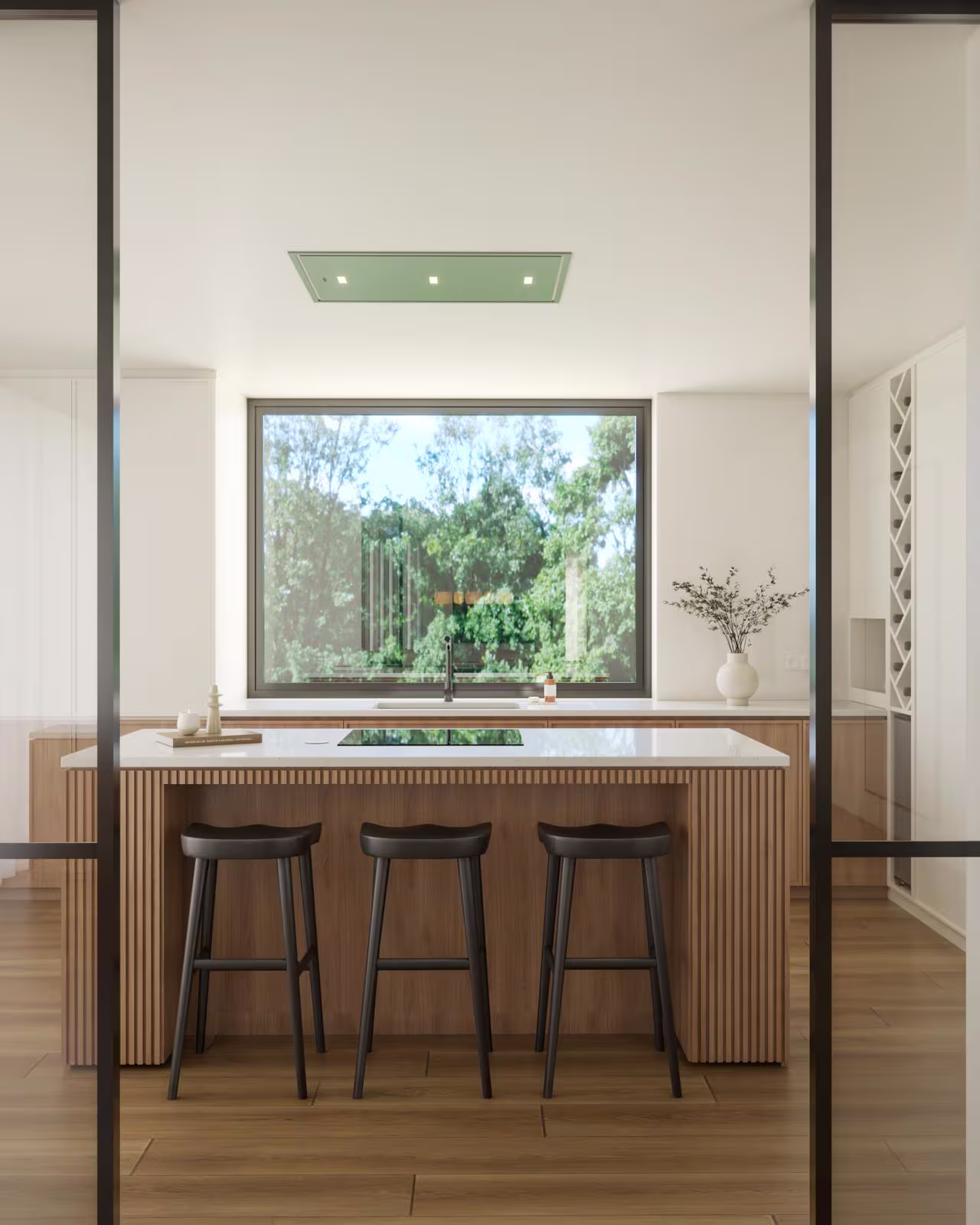 Renderização 3D de open space moderno com design de interiores contemporâneo